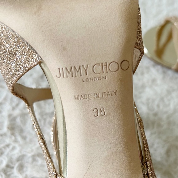 Jimmy Choo Leslie Gold Champagne Glitter Strappy Caged Heels Sandals Size EU 38 - Picture 14 of 14